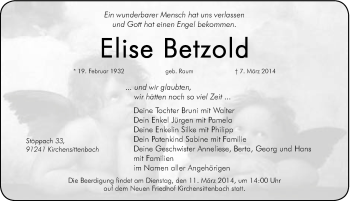 Traueranzeige von Elise Betzold von Hersbrucker Zeitung